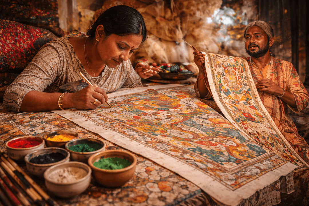 Artisan creating traditional block prints with intricate patterns
